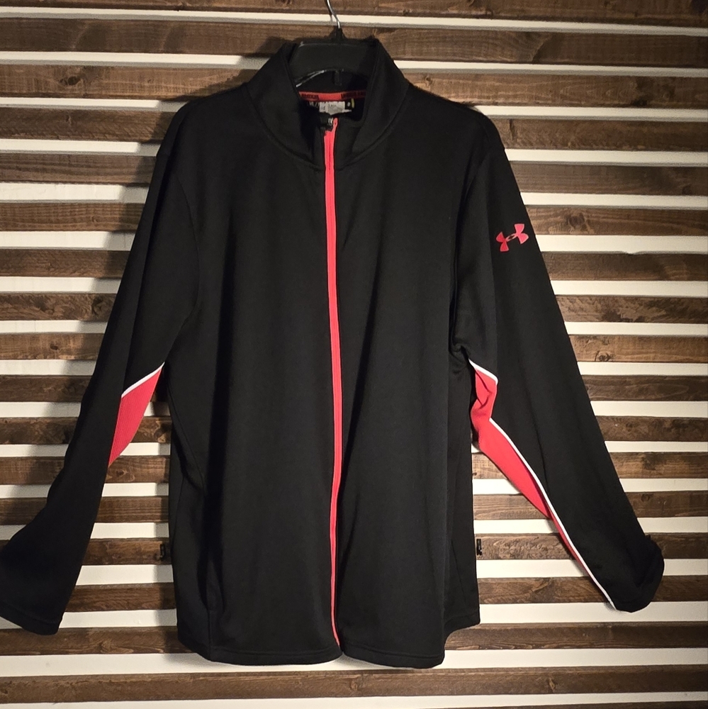 Under Armour Track Jacket Mens XL Black Red Performance Warmup Casual Relaxed